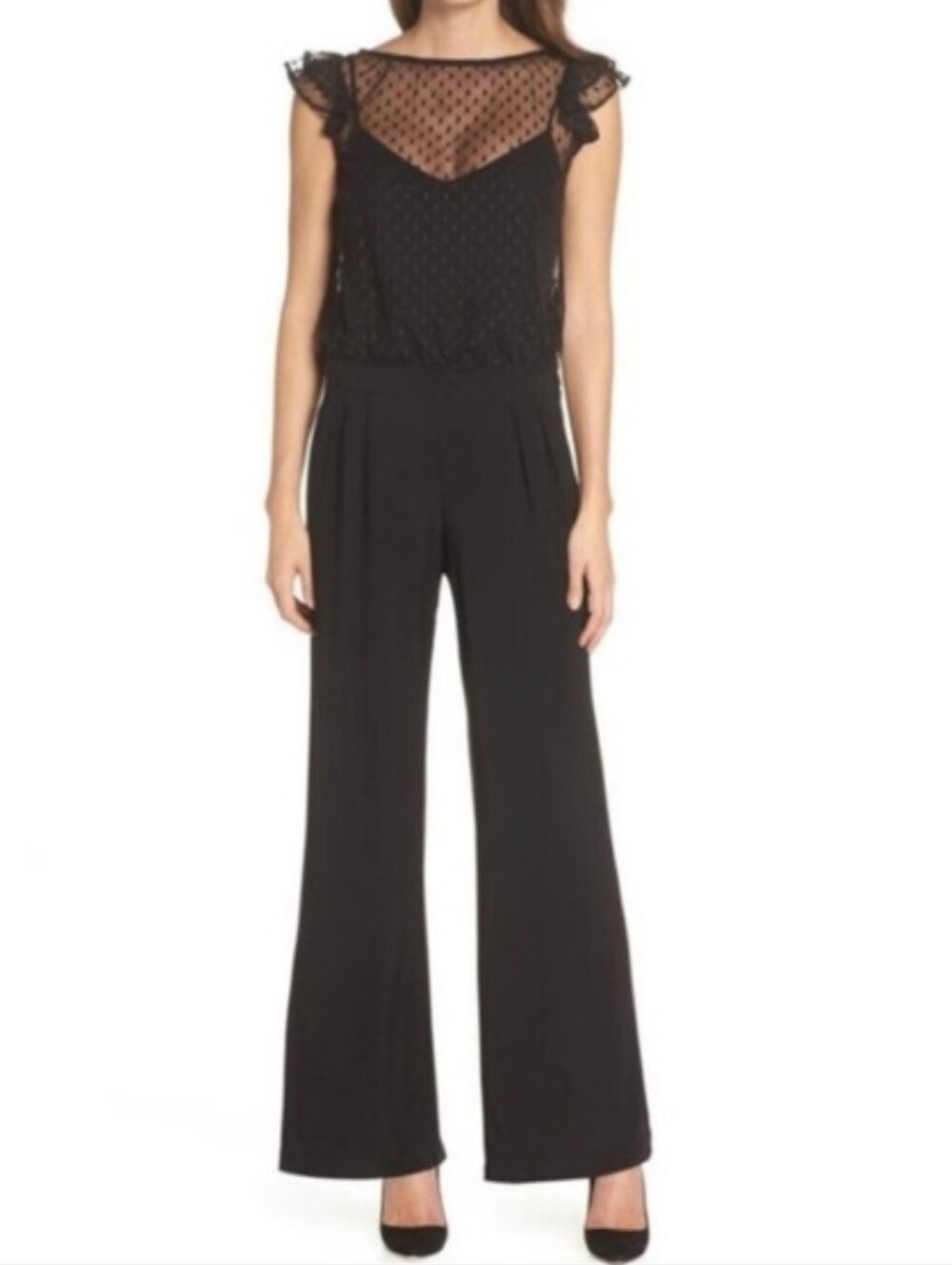 Julia Jordan Black Illusion Ruffled Sleeve Wide Leg Jumpsuit Dressy Romper Sz 4